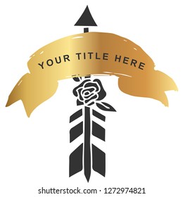 Vector Illustration of Gold Banner with Arrow with Feathers Icon