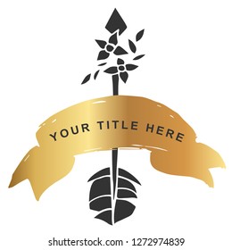 Vector Illustration of Gold Banner with Arrow with Feathers Icon