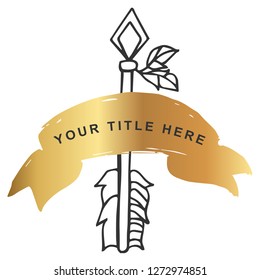 Vector Illustration of Gold Banner with Arrow with Feathers Icon