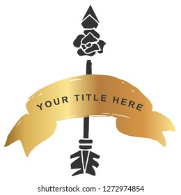 Vector Illustration of Gold Banner with Arrow with Feathers Icon