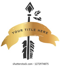 Vector Illustration of Gold Banner with Arrow with Feathers Icon