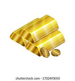 Vector illustration. Gold bars with coins in isometric style. With gold gradient coloring.