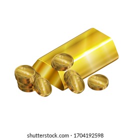 Vector illustration. Gold bars with coins in isometric style. With gold gradient coloring.