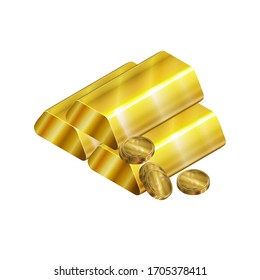  Ilustración vectorial. Barras de oro con monedas de estilo isométrico. Con colores de gradiente dorado.