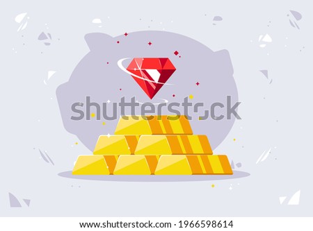 Vector illustration of gold bars with red gem, piggy bank silhouette