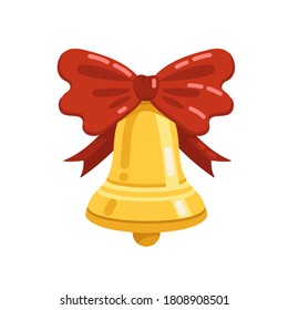 Ilustración vectorial. Campana de oro con un arco. Cinta roja, aislada.