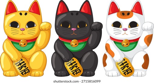 Ilustração vetorial de ouro, preto e calico Maneki Neko gatos com patas levantadas