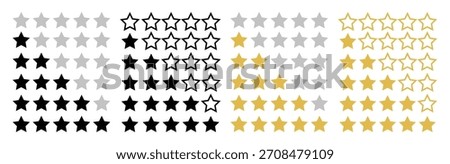 Vector illustration of Gold and black five star rating icon set on transparent background. Product rating or customer review with gold and black star.