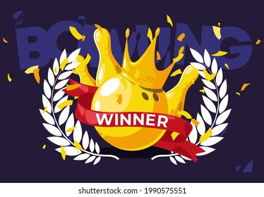 Vector illustration of gold bowling ball with golden pins with golden crown and golden crown of the winner, red ribbon of the winner with golden confetti on the background
