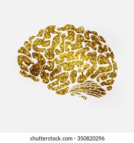 Ilustração vetorial do ícone dourado do cérebro. Ideia criativa, conceito de criatividade, ideias, inspiração, inteligência, pensamentos, estratégia, memória, inovação, educação, aprendizagem