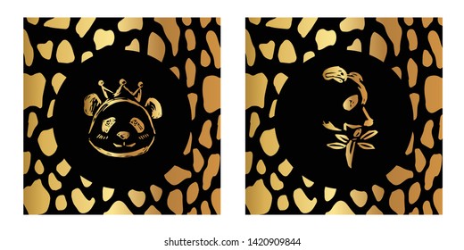 Vector Illustration of Gold Card, Poster and Wallpaper of Panda Icon with Leopard Print. Graphic Design For Background, Template, Decoration and More. 