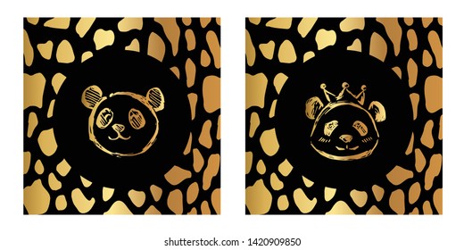Vector Illustration of Gold Card, Poster and Wallpaper of Panda Icon with Leopard Print. Graphic Design For Background, Template, Decoration and More. 
