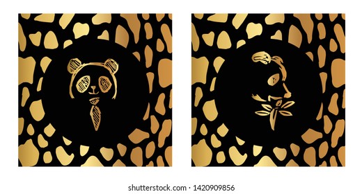 Vector Illustration of Gold Card, Poster and Wallpaper of Panda Icon with Leopard Print. Graphic Design For Background, Template, Decoration and More. 