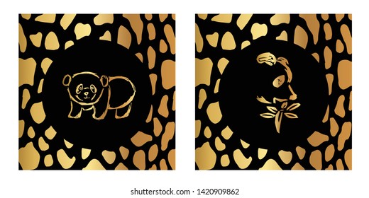 Vector Illustration of Gold Card, Poster and Wallpaper of Panda Icon with Leopard Print. Graphic Design For Background, Template, Decoration and More. 