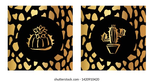 Vector Illustration of Gold Card, Poster and Wallpaper of Cactus Plant Icon with Leopard Print. Graphic Design For Background, Template, Decoration and More. 