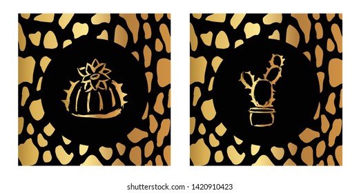 Vector Illustration of Gold Card, Poster and Wallpaper of Cactus Plant Icon with Leopard Print. Graphic Design For Background, Template, Decoration and More. 