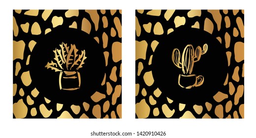 Vector Illustration of Gold Card, Poster and Wallpaper of Cactus Plant Icon with Leopard Print. Graphic Design For Background, Template, Decoration and More. 
