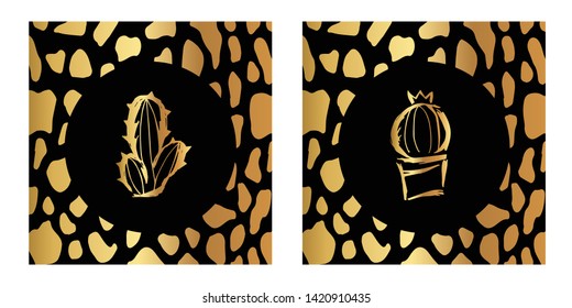 Vector Illustration of Gold Card, Poster and Wallpaper of Cactus Plant Icon with Leopard Print. Graphic Design For Background, Template, Decoration and More. 