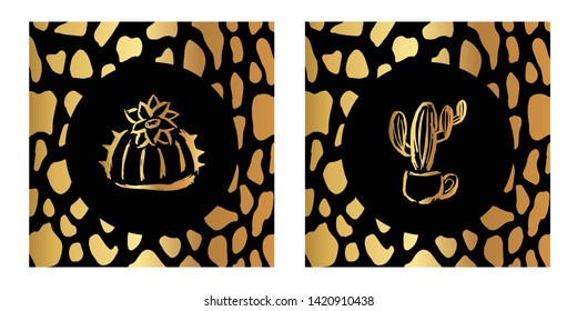 Vector Illustration of Gold Card, Poster and Wallpaper of Cactus Plant Icon with Leopard Print. Graphic Design For Background, Template, Decoration and More. 