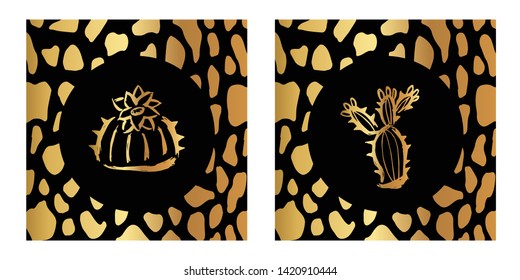 Vector Illustration of Gold Card, Poster and Wallpaper of Cactus Plant Icon with Leopard Print. Graphic Design For Background, Template, Decoration and More. 