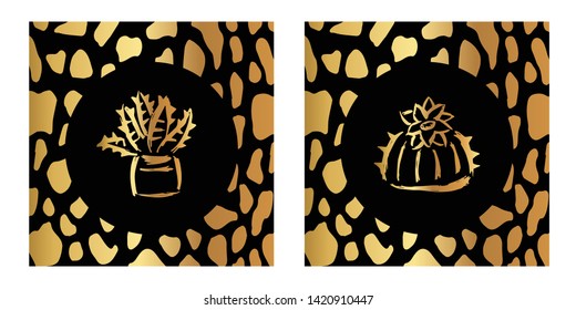 Vector Illustration of Gold Card, Poster and Wallpaper of Cactus Plant Icon with Leopard Print. Graphic Design For Background, Template, Decoration and More. 