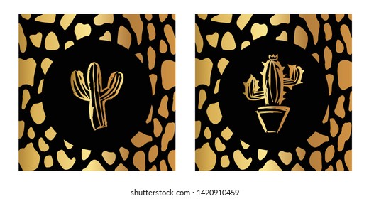 Vector Illustration of Gold Card, Poster and Wallpaper of Cactus Plant Icon with Leopard Print. Graphic Design For Background, Template, Decoration and More. 