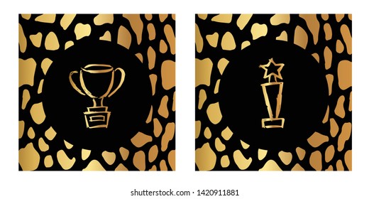 Vector Illustration of Gold Card, Poster and Wallpaper of Trophy Award Icon with Leopard Print. Graphic Design For Background, Template, Decoration and More. 