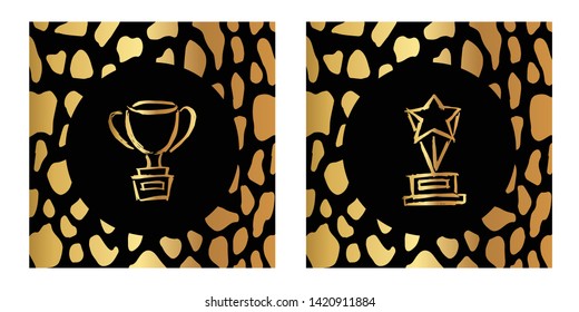 Vector Illustration of Gold Card, Poster and Wallpaper of Trophy Award Icon with Leopard Print. Graphic Design For Background, Template, Decoration and More. 