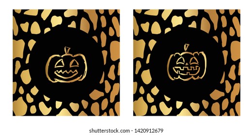 Vector Illustration of Gold Card, Poster and Wallpaper of Pumpkins For Halloween Icon with Leopard Print. Graphic Design For Background, Template, Decoration and More. 