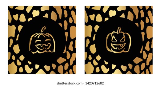 Vector Illustration of Gold Card, Poster and Wallpaper of Pumpkins For Halloween Icon with Leopard Print. Graphic Design For Background, Template, Decoration and More. 