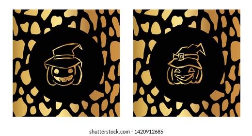Vector Illustration of Gold Card, Poster and Wallpaper of Pumpkins For Halloween Icon with Leopard Print. Graphic Design For Background, Template, Decoration and More. 