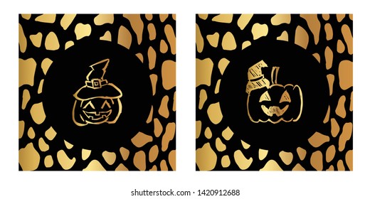 Vector Illustration of Gold Card, Poster and Wallpaper of Pumpkins For Halloween Icon with Leopard Print. Graphic Design For Background, Template, Decoration and More. 