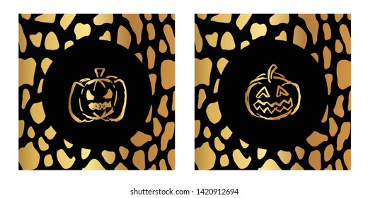 Vector Illustration of Gold Card, Poster and Wallpaper of Pumpkins For Halloween Icon with Leopard Print. Graphic Design For Background, Template, Decoration and More. 