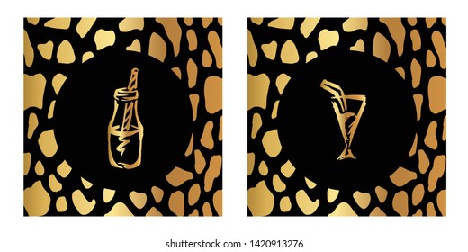 Vector Illustration of Gold Card, Poster and Wallpaper of Beer, Wine, Cocktail Drinks Icon with Leopard Print. Graphic Design For Background, Template, Decoration and More. 