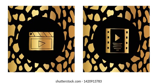 Vector Illustration of Gold Card, Poster and Wallpaper of Movie Film Play Icon with Leopard Print. Graphic Design For Background, Template, Decoration and More. 