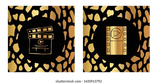 Vector Illustration of Gold Card, Poster and Wallpaper of Movie Film Play Icon with Leopard Print. Graphic Design For Background, Template, Decoration and More. 