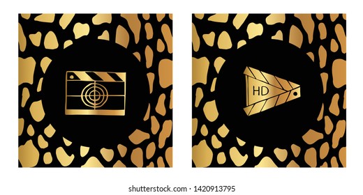 Vector Illustration of Gold Card, Poster and Wallpaper of Movie Film Play Icon with Leopard Print. Graphic Design For Background, Template, Decoration and More. 