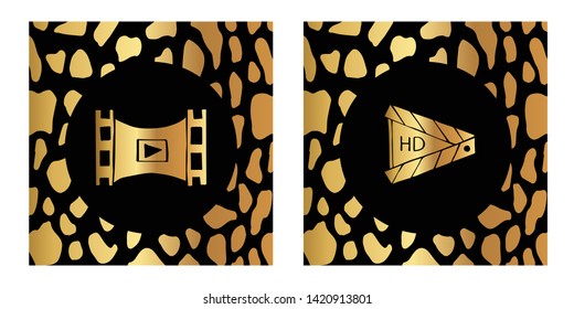 Vector Illustration of Gold Card, Poster and Wallpaper of Movie Film Play Icon with Leopard Print. Graphic Design For Background, Template, Decoration and More. 