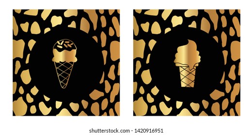 Vector Illustration of Gold Card, Poster and Wallpaper of Ice Cream Food Icon with Leopard Print. Graphic Design For Background, Template, Decoration and More. 