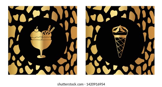 Vector Illustration of Gold Card, Poster and Wallpaper of Ice Cream Food Icon with Leopard Print. Graphic Design For Background, Template, Decoration and More. 