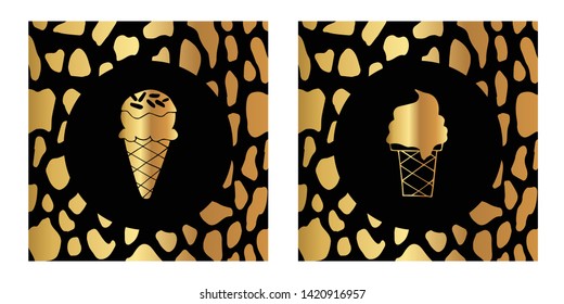 Vector Illustration of Gold Card, Poster and Wallpaper of Ice Cream Food Icon with Leopard Print. Graphic Design For Background, Template, Decoration and More. 