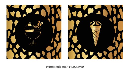 Vector Illustration of Gold Card, Poster and Wallpaper of Ice Cream Food Icon with Leopard Print. Graphic Design For Background, Template, Decoration and More. 