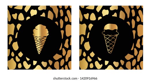 Vector Illustration of Gold Card, Poster and Wallpaper of Ice Cream Food Icon with Leopard Print. Graphic Design For Background, Template, Decoration and More. 