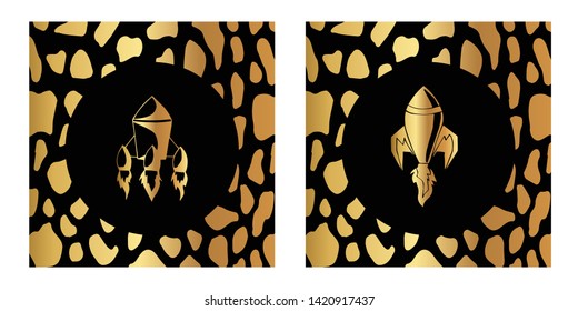 Vector Illustration of Gold Card, Poster and Wallpaper of Rocket Ship Icon with Leopard Print. Graphic Design For Background, Template, Decoration and More. 