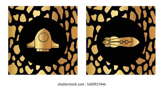 Vector Illustration of Gold Card, Poster and Wallpaper of Rocket Ship Icon with Leopard Print. Graphic Design For Background, Template, Decoration and More. 