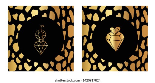 Vector Illustration of Gold Card, Poster and Wallpaper of Diamond Icon with Leopard Print. Graphic Design For Background, Template, Decoration and More. 