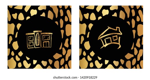 Vector Illustration of Gold Card, Poster and Wallpaper of House Icon with Leopard Print. Graphic Design For Background, Template, Decoration and More. 