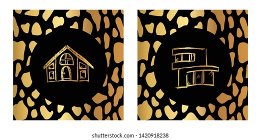 Vector Illustration of Gold Card, Poster and Wallpaper of House Icon with Leopard Print. Graphic Design For Background, Template, Decoration and More. 