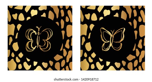Vector Illustration of Gold Card, Poster and Wallpaper of Butterfly Icon with Leopard Print. Graphic Design For Background, Template, Decoration and More. 