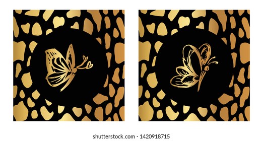 Vector Illustration of Gold Card, Poster and Wallpaper of Butterfly Icon with Leopard Print. Graphic Design For Background, Template, Decoration and More. 